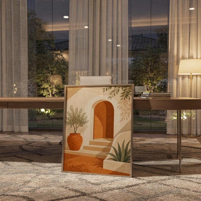 Mediterranean terracotta stairway arch print standing on a wooden desk in a home office in warm evening light.