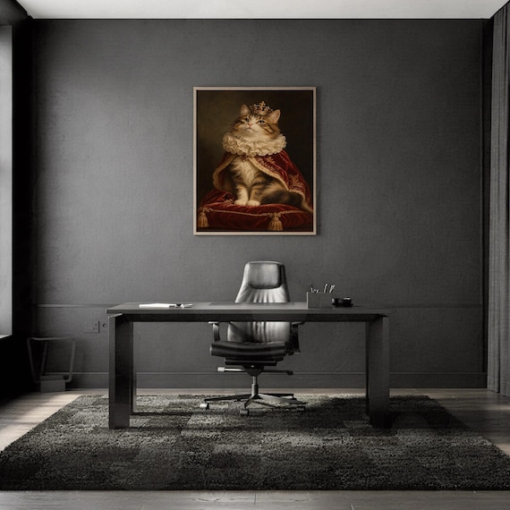 Royal cat portrait wall art print framed and displayed in a modern home interior.