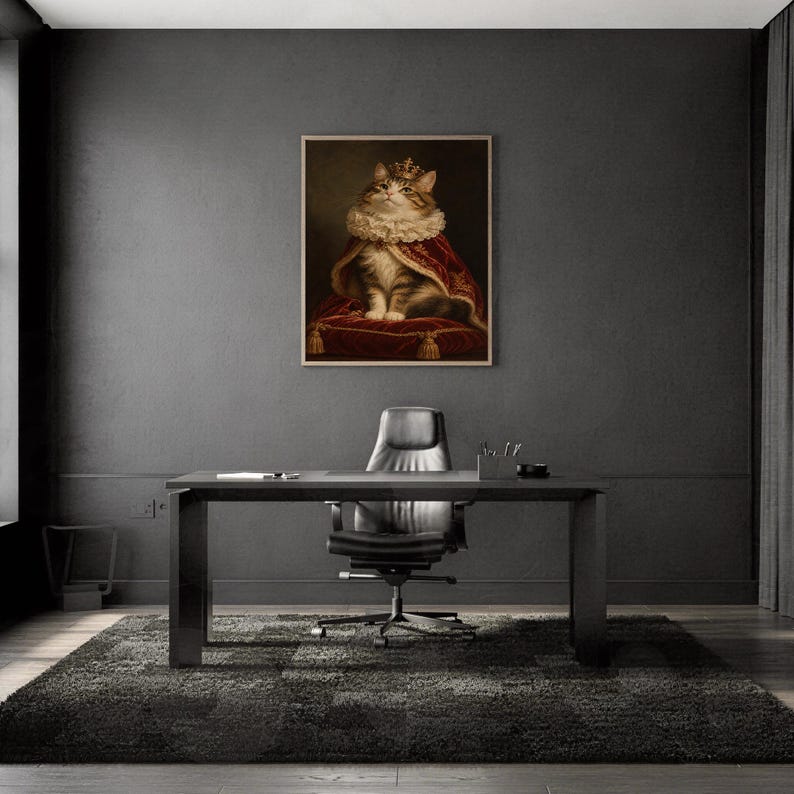 Royal cat portrait wall art print framed and displayed in a modern home interior.