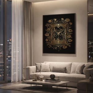 Gothic hourglass wall art print hanging above a light gray sofa in a modern living room with evening city views through tall windows.