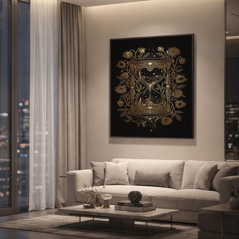 Gothic hourglass wall art print hanging above a light gray sofa in a modern living room with evening city views through tall windows.