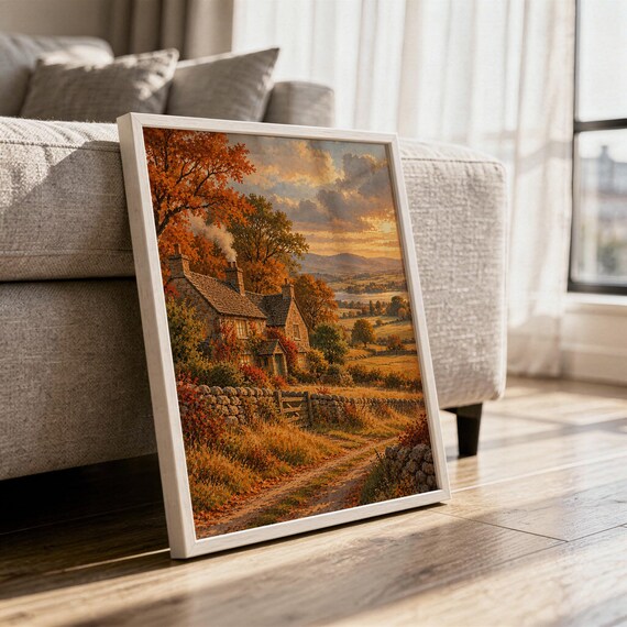Autumn cottage landscape wall art print in a white frame leaning against a gray sofa on a sunlit wooden floor.