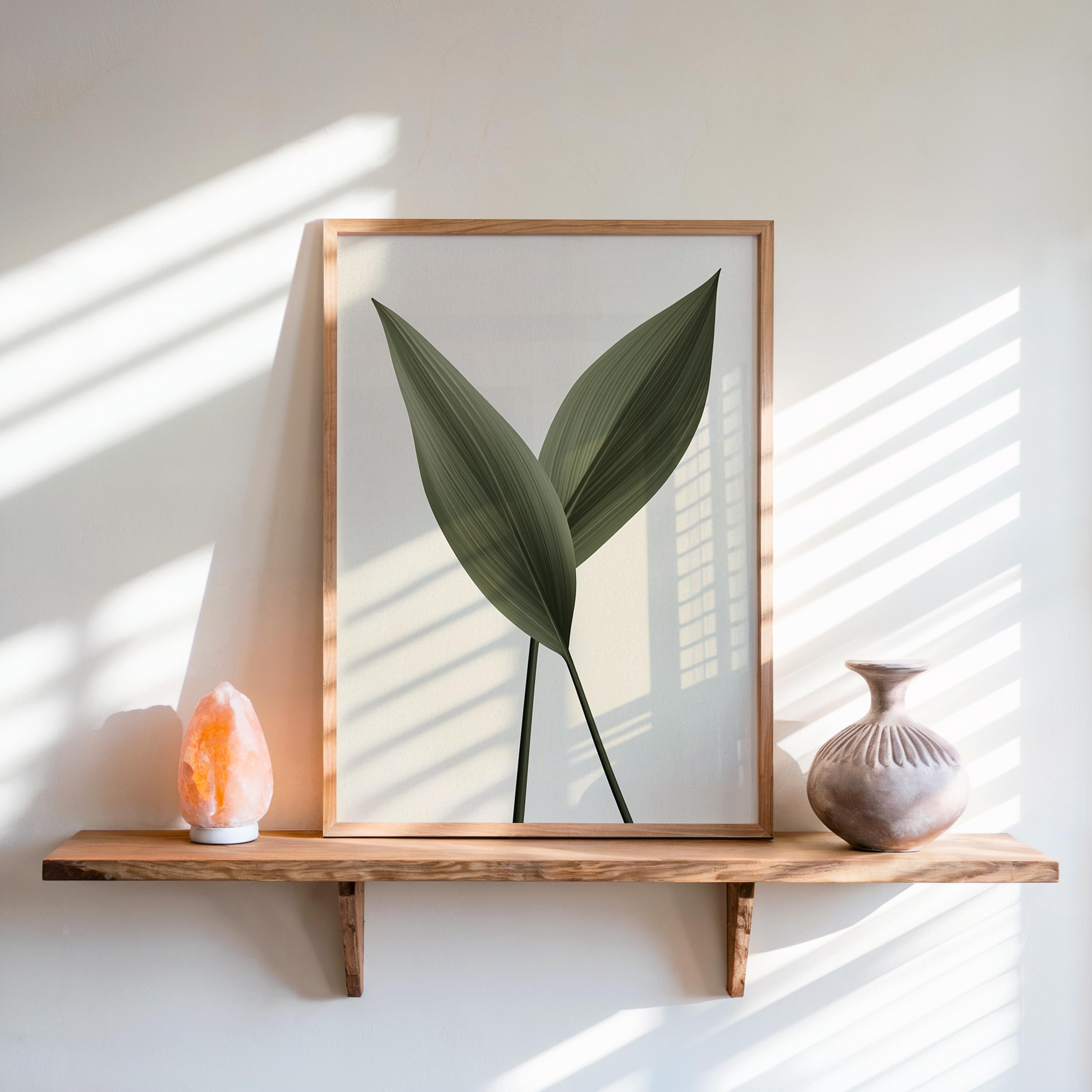 A framed print of two dark green leaves on a light background sits on a wooden shelf, next to a pink salt lamp and a textured brown vase.