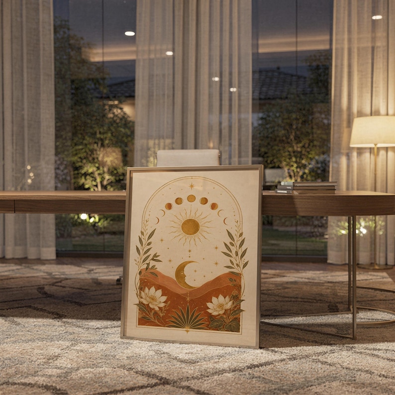 Celestial sun and moon wall art print standing on a wooden desk in a home office in warm evening light.