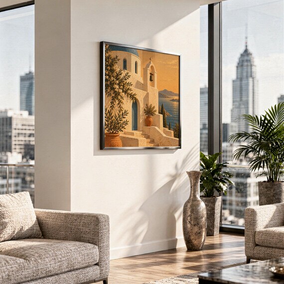 Santorini church wall art print hanging in a high-rise apartment living room with a city skyline view.