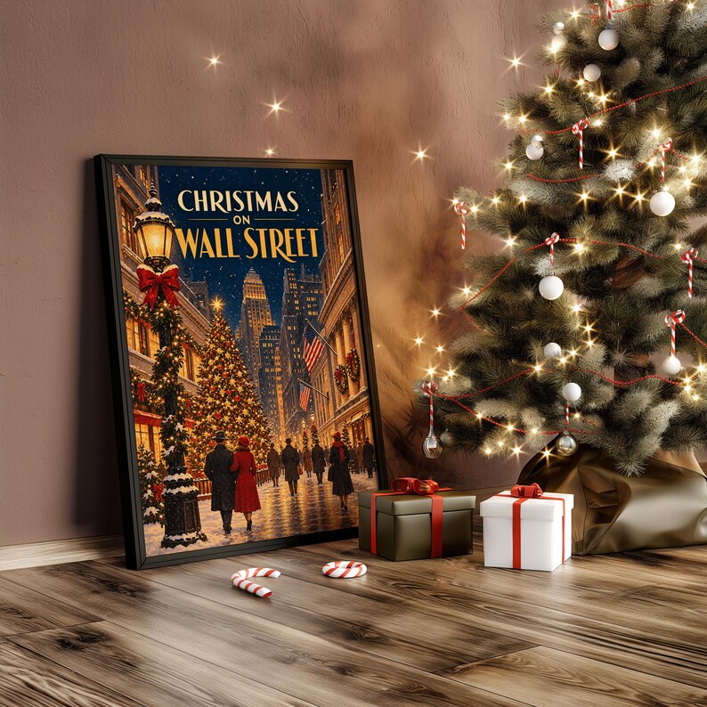 Christmas on Wall Street Vintage Wall Art, New York City Holiday Poster, Retro Winter Art Print image 8