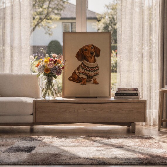 Dachshund sweater wall art print standing on a wooden desk in a home office in warm evening light.