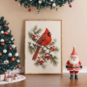 Red Cardinal Winter Wall Art, Watercolor Snowy Pine Bird Poster, Christmas Nature Art Print bild 4