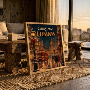 Decorazione murale "Natale a Londra", poster di viaggio vintage, stampa del Big Ben e del bus rosso. immagine 4