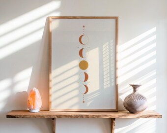 Póster de fases lunares, lámina celestial bohemia, decoración espiritual en terracota