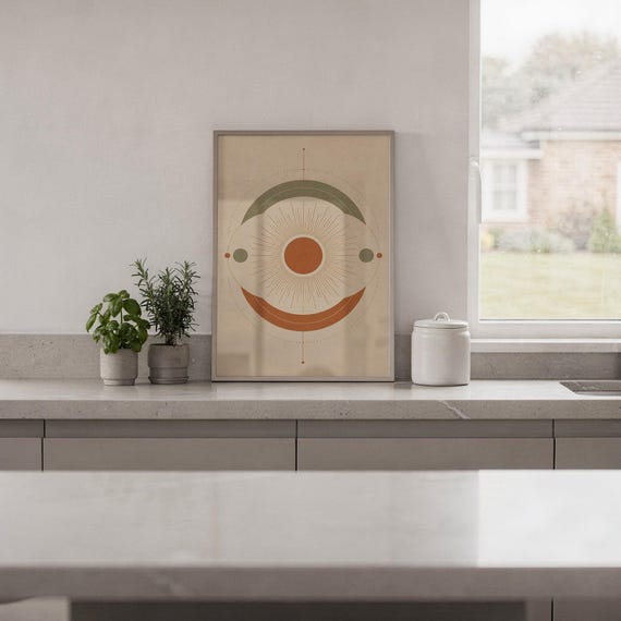 Abstract sun wall art print hanging in a high-rise apartment living room with a city skyline view.