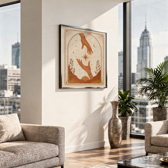 Terracotta celestial hands art print framed on wall above sofa in modern high rise apartment.