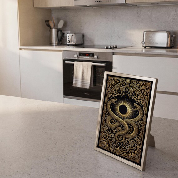 Occult snake wall art print framed and displayed in a modern home interior.