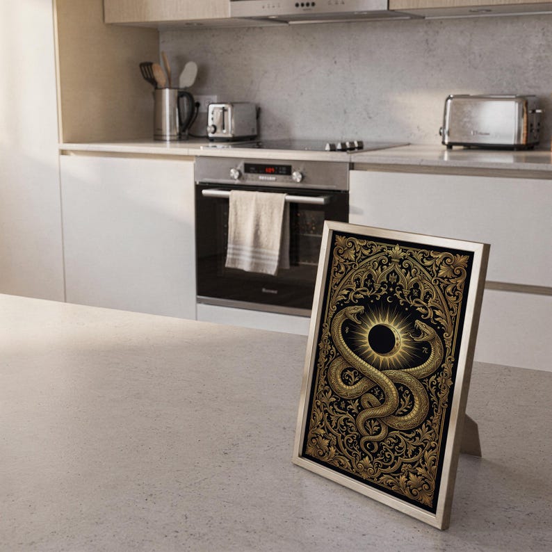 Occult snake wall art print framed and displayed in a modern home interior.