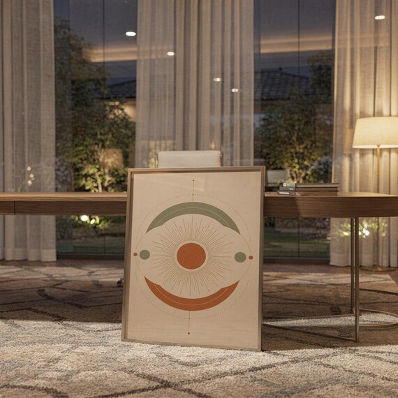 Abstract sun wall art print standing on a wooden desk in a home office in warm evening light.