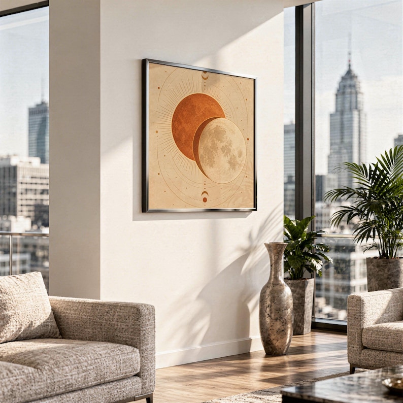Sun and moon celestial wall art print hanging in a high-rise apartment living room with a city skyline view.
