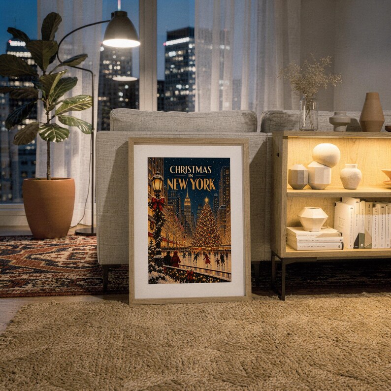 Christmas in New York Wall Art, Vintage NYC Holiday Cityscape Poster, Rockefeller Tree Ice Skating Art Print Bild 17