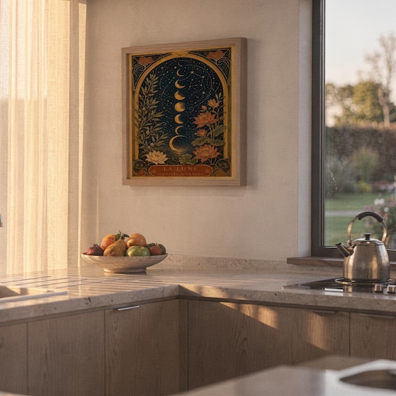 Moon phase wall art print hanging above a stone countertop with a fruit bowl in a sunny kitchen.