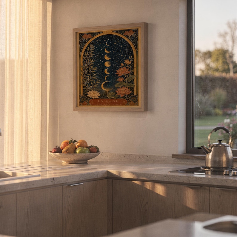 Moon phase wall art print hanging above a stone countertop with a fruit bowl in a sunny kitchen.