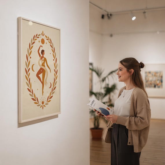 Woman admiring a vertical framed celestial goddess art print on display in a brightly lit modern art gallery.