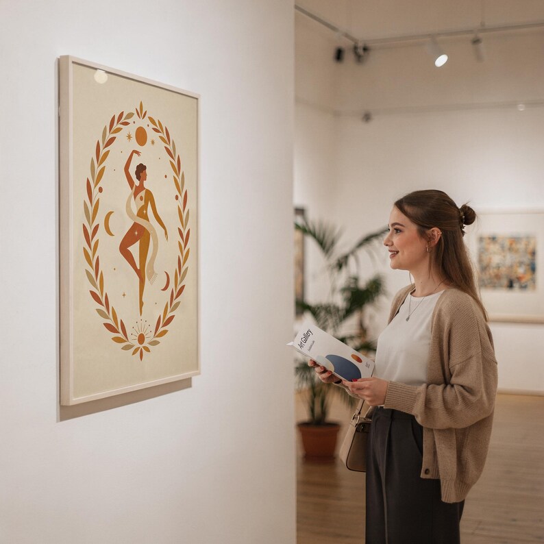 Woman admiring a vertical framed celestial goddess art print on display in a brightly lit modern art gallery.