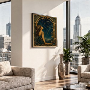 Celestial woman wall art print standing on a white kitchen counter beside potted herbs.