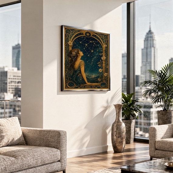 Celestial woman wall art print standing on a white kitchen counter beside potted herbs.