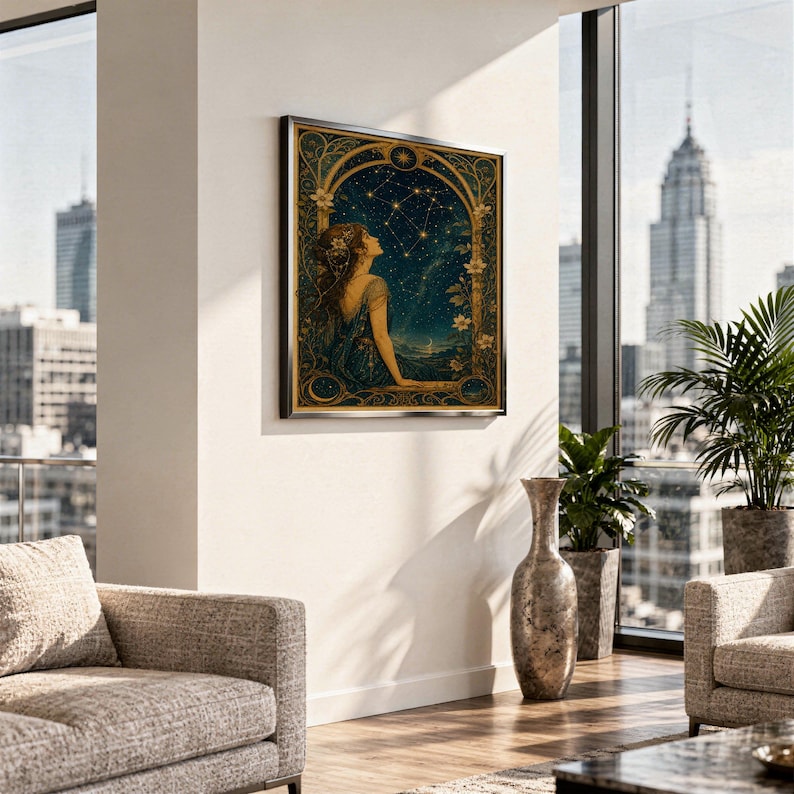 Celestial woman wall art print standing on a white kitchen counter beside potted herbs.