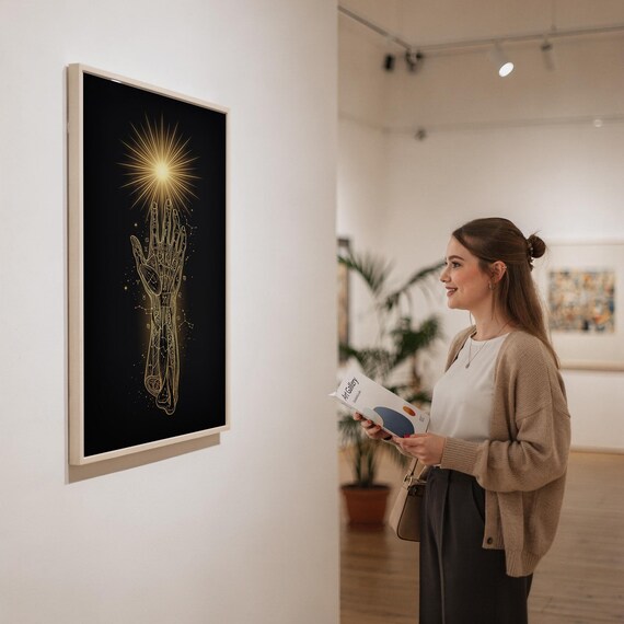 Celestial hand wall art print in a silver frame leaning against a sofa beside a decorative marble sphere.