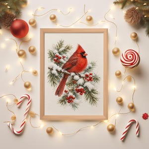 Red Cardinal Winter Wall Art, Watercolor Snowy Pine Bird Poster, Christmas Nature Art Print bild 8