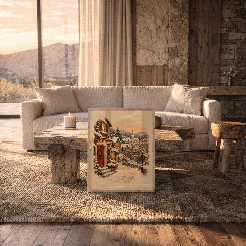 Christmas Village Wall Art, Vintage Winter Town Poster, Snowy Cottage Holiday Art Print, Cozy Rustic Decor image 17