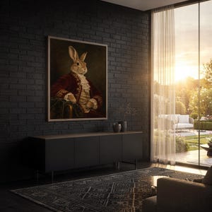 Regal rabbit portrait wall art print standing on a wooden desk in a home office in warm evening light.