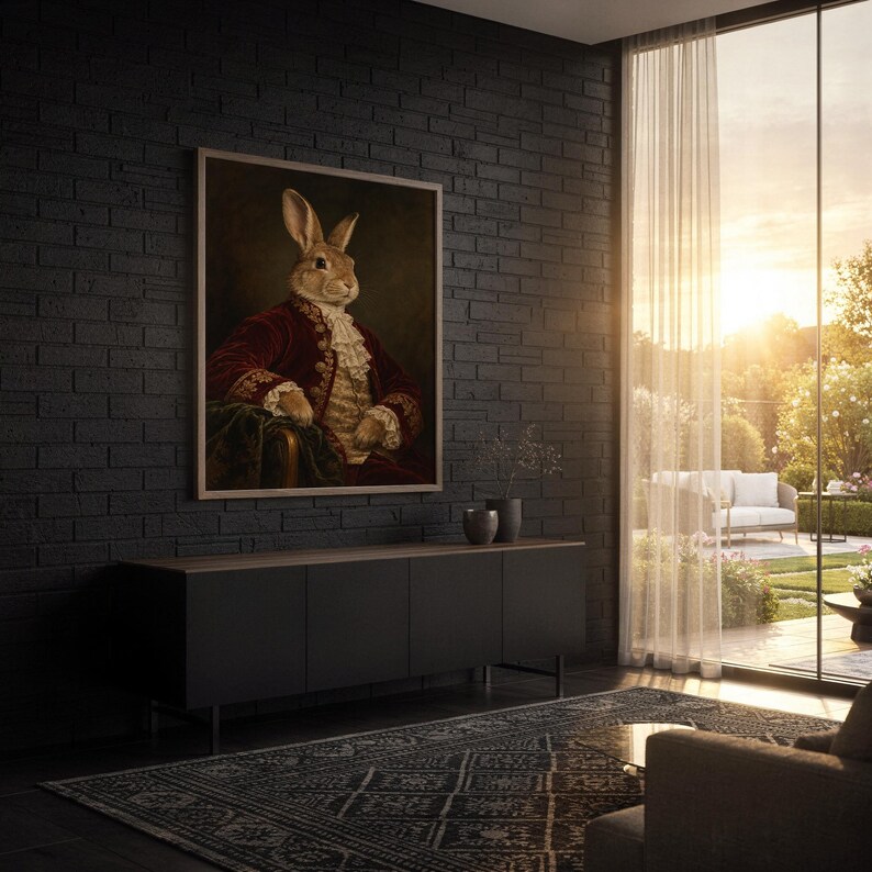 Regal rabbit portrait wall art print standing on a wooden desk in a home office in warm evening light.
