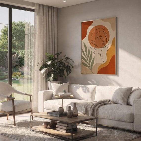 Abstract line art face print hanging above a white sofa in a living room with garden views.