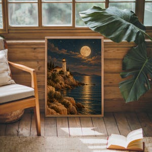 Moonlit lighthouse wall art print leaning against warm wood paneling beside a wooden armchair and a monstera plant.