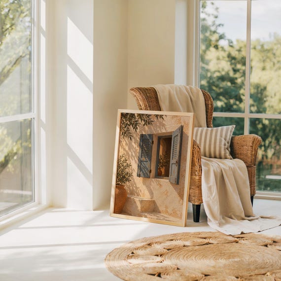 Mediterranean blue shutter wall art print leaning on the floor beside a rattan armchair and jute rug in a bright sunlit room.