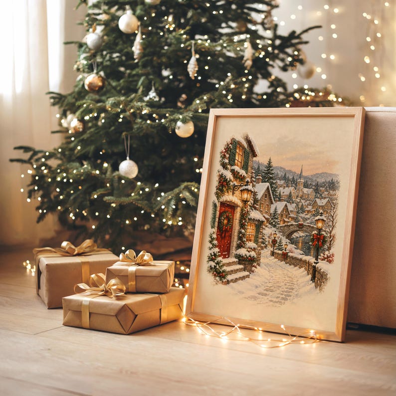 Christmas Village Wall Art, Vintage Winter Town Poster, Snowy Cottage Holiday Art Print, Cozy Rustic Decor image 8