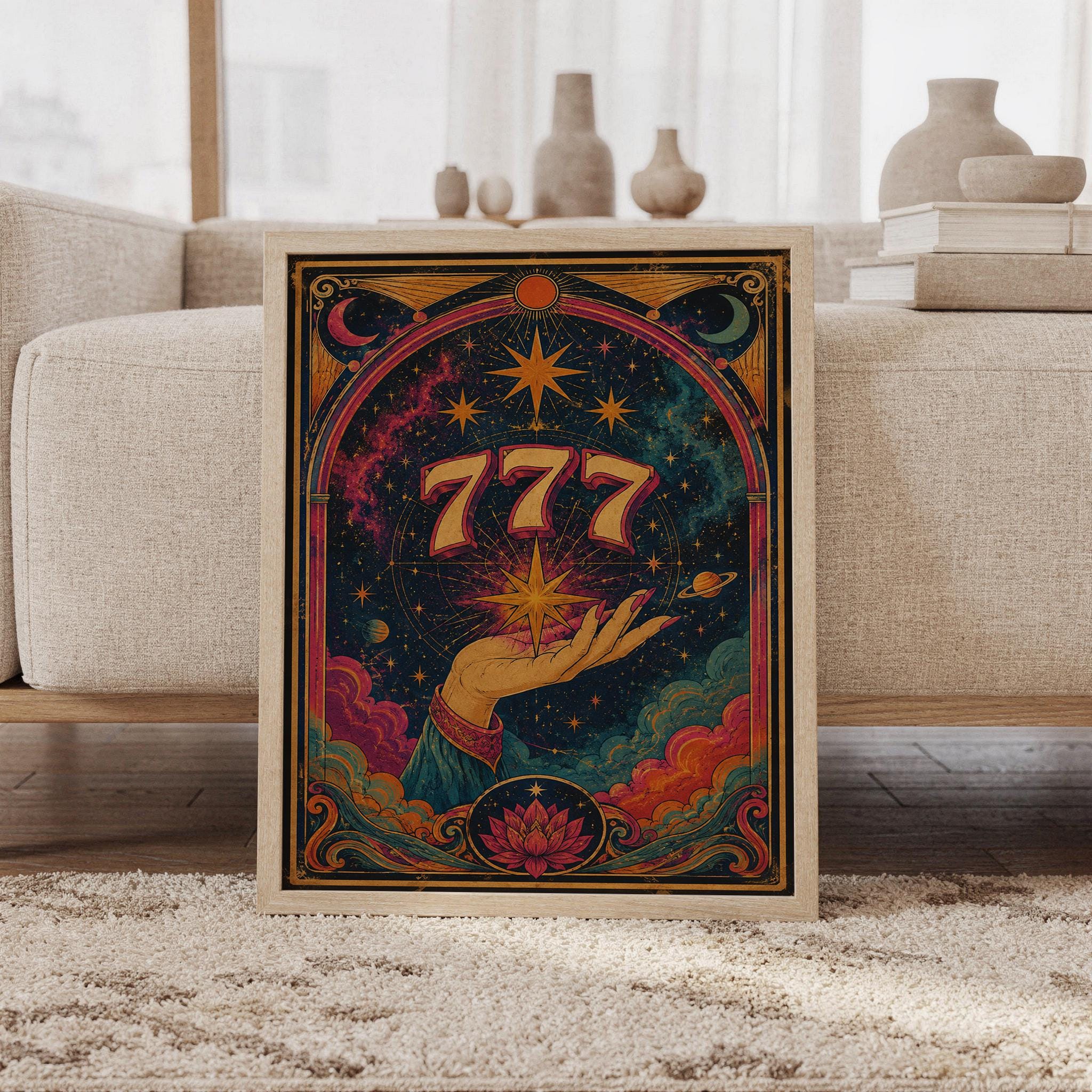 777 angel number wall art print featuring rich teal, magenta, burnt orange, and antique gold tones, a mystical hand holding a radiant star, crescent moons, planets, and ornate celestial details, framed and leaning against a beige sofa on a textured rug in a bright Scandinavian living room.