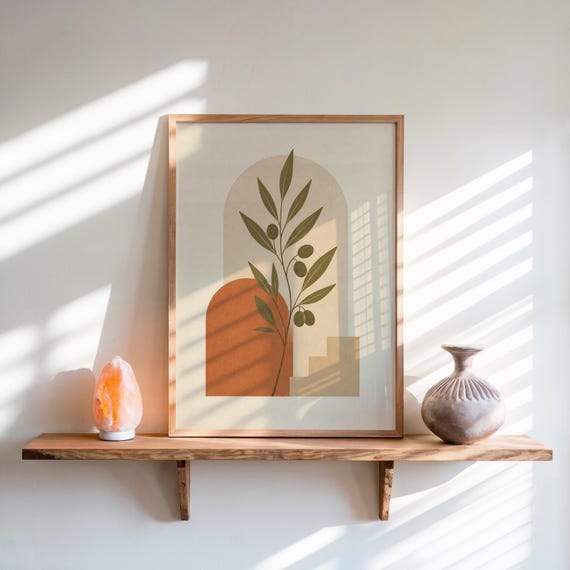 Minimalist botanical print on shelf with window blind shadows