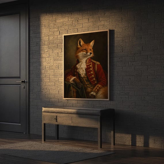 Fox portrait wall art print hanging above a stone countertop with a fruit bowl in a sunny kitchen.