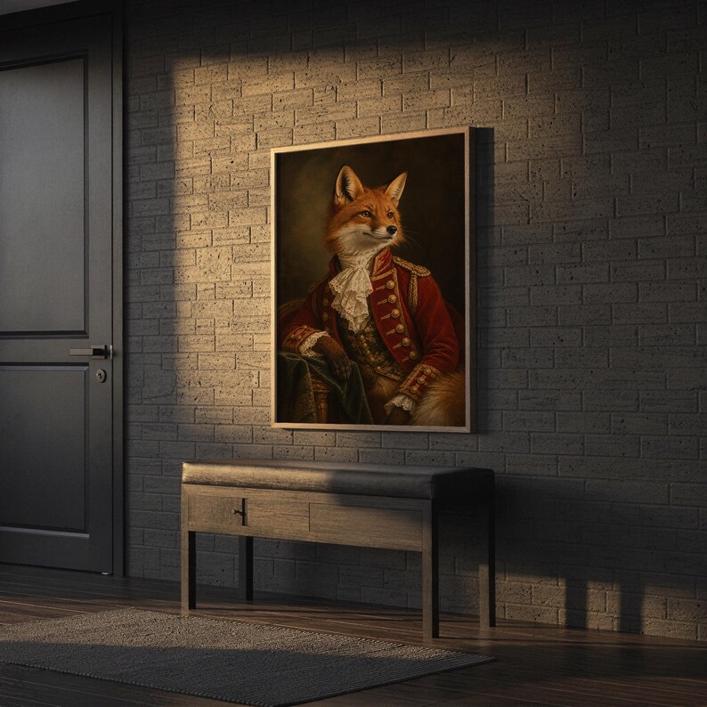 Fox portrait wall art print hanging above a stone countertop with a fruit bowl in a sunny kitchen.