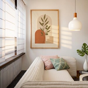 Warm aesthetic botanical wall art in bright sunlit living room decor