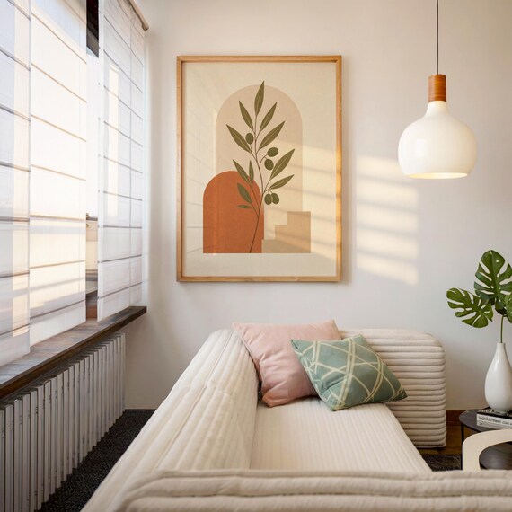 Warm aesthetic botanical wall art in bright sunlit living room decor