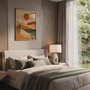 Terracotta sun over ocean waves print framed on carpet floor next to crystal ball decor in home.