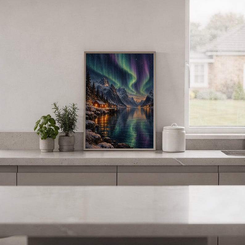 Aurora borealis mountain landscape wall art print standing on a white kitchen counter beside potted herbs.