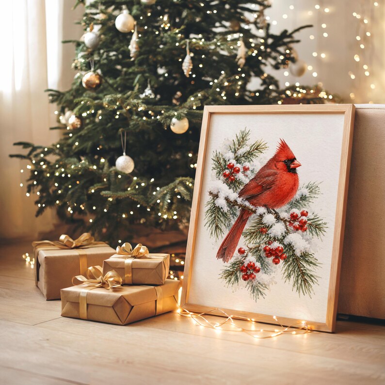Red Cardinal Winter Wall Art, Watercolor Snowy Pine Bird Poster, Christmas Nature Art Print bild 7