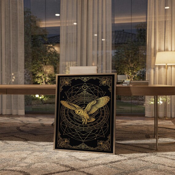 Celestial owl wall art print standing on a wooden desk in a home office in warm evening light.