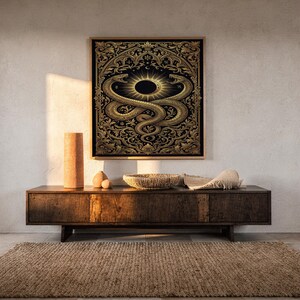 Occult snake wall art print hanging above a dark wood console and jute rug in a warm neutral interior.