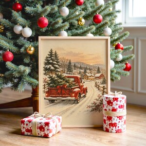 Vintage Red Truck Christmas Wall Art, Snowy Farmhouse Winter Poster, Holiday Tree Art Print zdjęcie 2