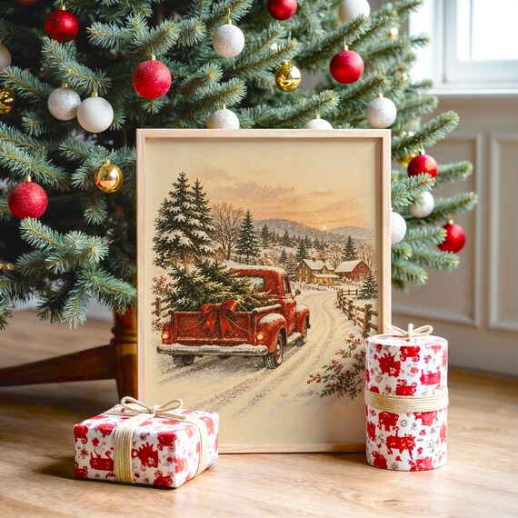 Vintage Red Truck Christmas wall art print, view 2